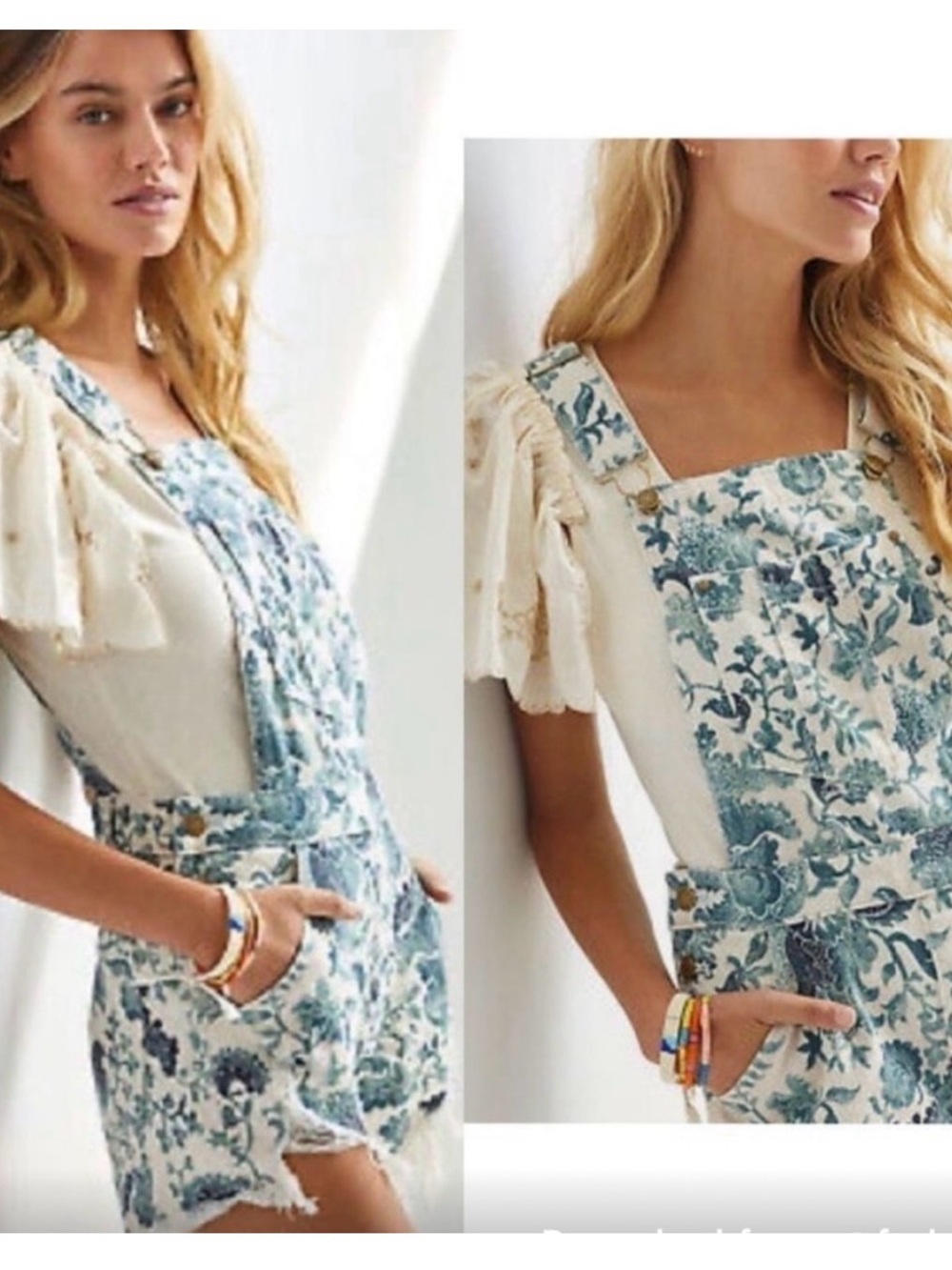 NWT Pilcro Cutoff Denim Ivory printed overall shorts Dungarees Size 31 $140